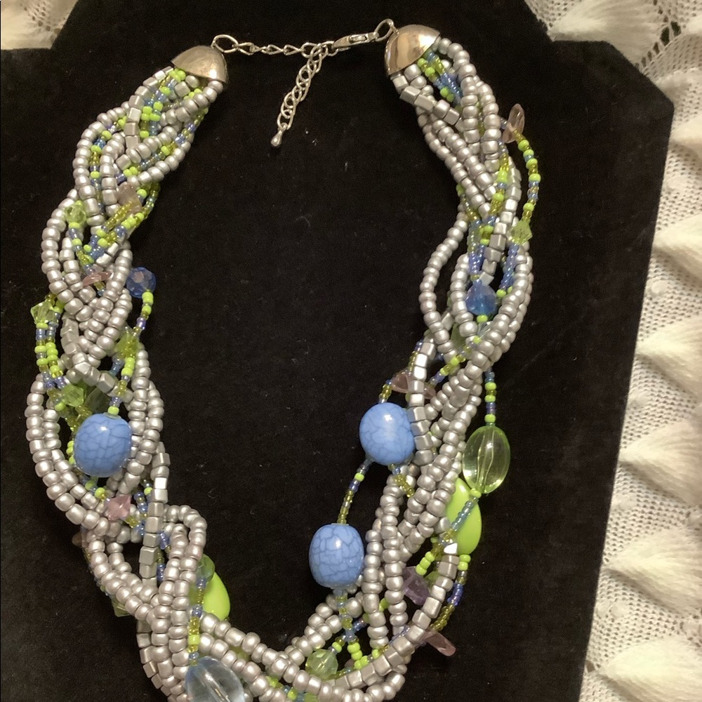 18” braided silver, green, & blue beaded necklace - Picture 3 of 5